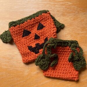 Handmade Crochet Pumpkin and Jack-o-lantern Drawstring Bags